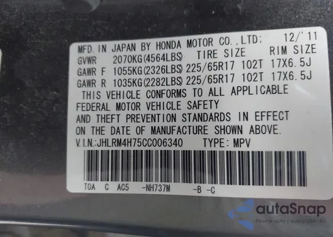 2012 Honda Cr-V Ex-L from USA, damaged, VIN JHLRM4H75CC006340